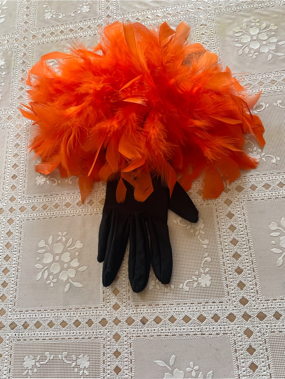 Women’s Black Gloves with Orange Feather Cuff — Elegant Statement Accessory